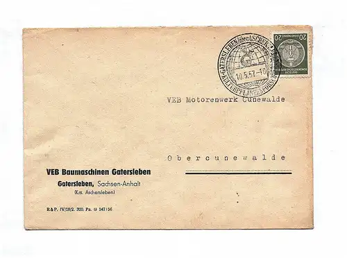 Briefkuvert 1957 VEB Baumaschinen Gatersleben Sachsen Anhalt DDR