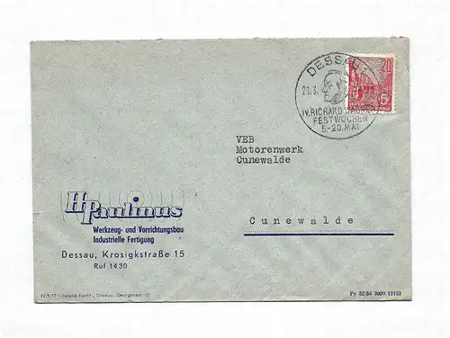 Brief Werkzeug Vorrichtungsbau Dessau Briefkuvert 1956