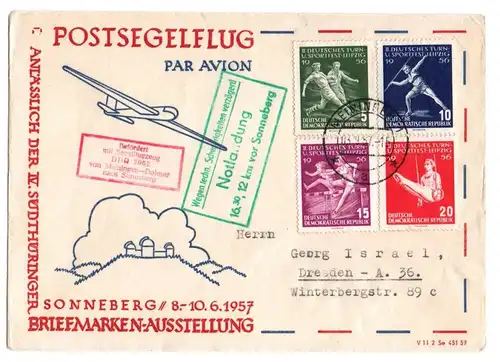 Brief 1957 Postsegelflug Notlandung Sonneberg Mi Nr 530 bis 533