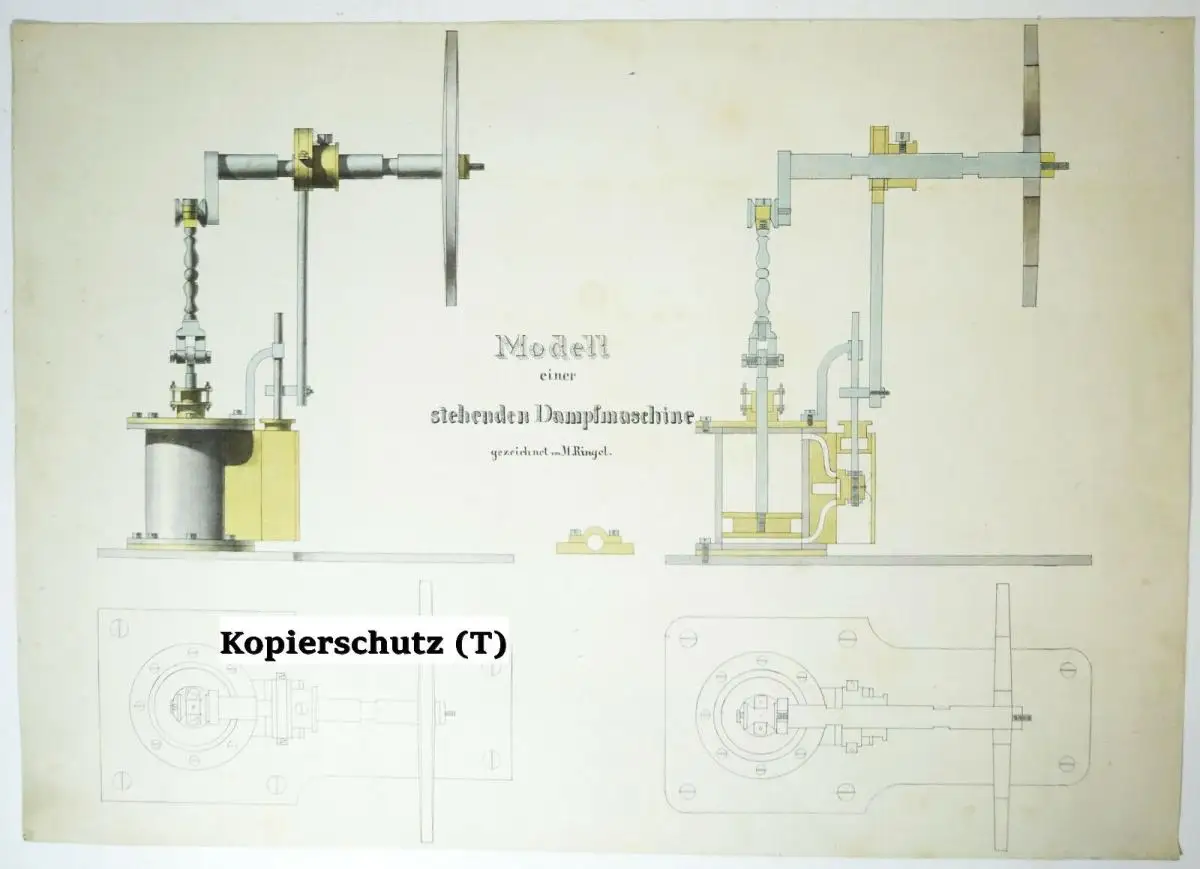 Technische Handzeichnung stehende Dampfmaschine Zeichnung 1870/80 Deko ! 0