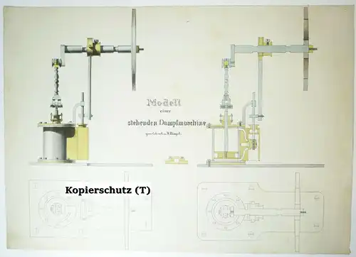 Technische Handzeichnung stehende Dampfmaschine Zeichnung 1870/80 Deko !