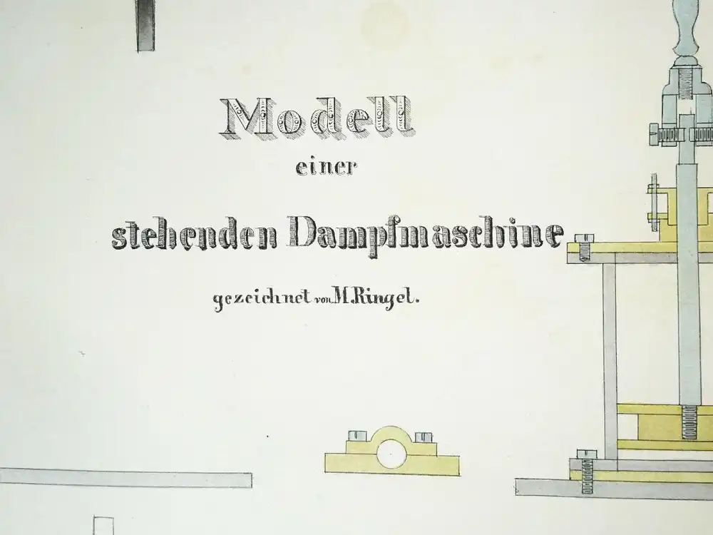Technische Handzeichnung stehende Dampfmaschine Zeichnung 1870/80 Deko ! 1