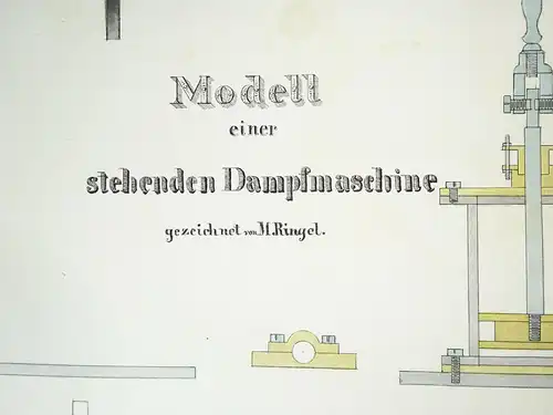 Technische Handzeichnung stehende Dampfmaschine Zeichnung 1870/80 Deko !