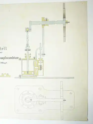 Technische Handzeichnung stehende Dampfmaschine Zeichnung 1870/80 Deko !