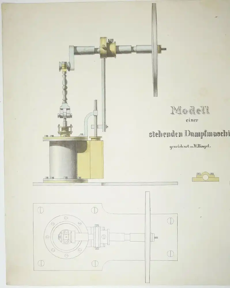 Technische Handzeichnung stehende Dampfmaschine Zeichnung 1870/80 Deko ! 3