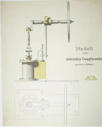 Technische Handzeichnung stehende Dampfmaschine Zeichnung 1870/80 Deko !