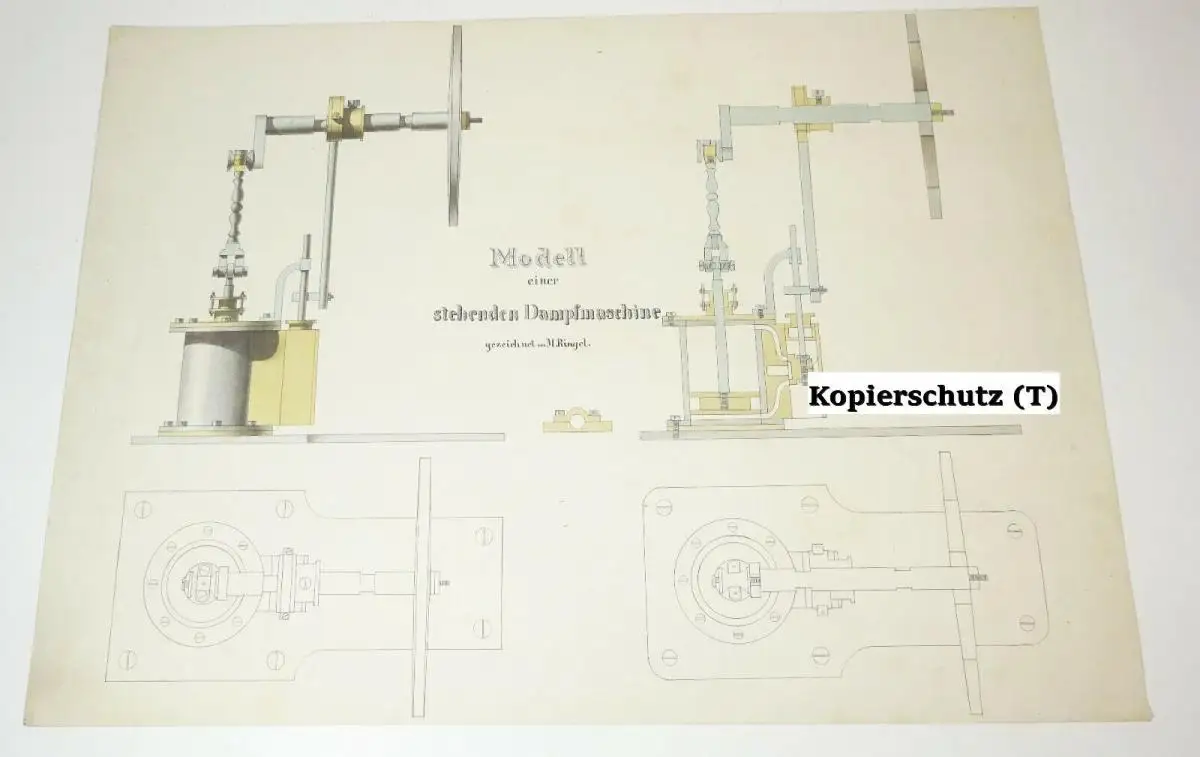 Technische Handzeichnung stehende Dampfmaschine Zeichnung 1870/80 Deko ! 4