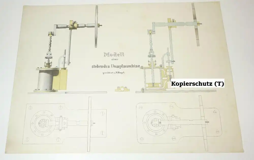 Technische Handzeichnung stehende Dampfmaschine Zeichnung 1870/80 Deko ! 4