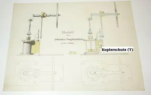 Technische Handzeichnung stehende Dampfmaschine Zeichnung 1870/80 Deko !