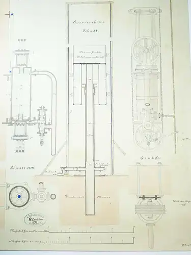 Technische Handzeichnung hydraulischer Aufzug Zeichnung Fahrstuhl 1870/80 Deko !