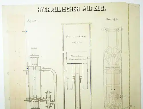 Technische Handzeichnung hydraulischer Aufzug Zeichnung Fahrstuhl 1870/80 Deko !
