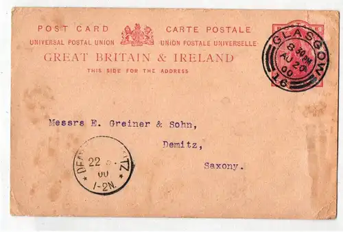 Great Britian Schottland Ganzsache Glasgow 1900 nach Demitz Thumitz 