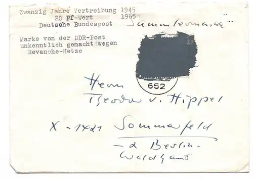 Brief 1965 DDR BRD Revanche Hetze 20 Jahre Vertreibung Postkrieg Schwärzung