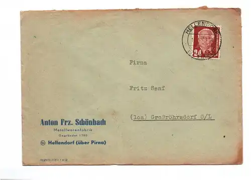 Firmen Brief Anton Schönbach Metallwarenfabrik Hellendorf über Pirna 1952