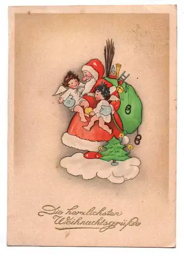 Künstler Ak Weihnachtsmann mit Engeln Weihnachtsgrüße 1949