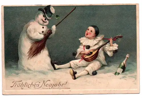 Ak Harlekin und Schneemann machen Musik Neujahr 1912 geprägt