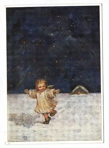 Künstlerkarte Kind Engel läuft durch den Schnee M. Spötl. VMS.