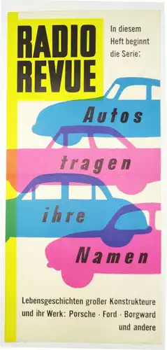Plakat Radio Revue Autos tragen ihren Namen Porsche Ford 1960er vintage print
