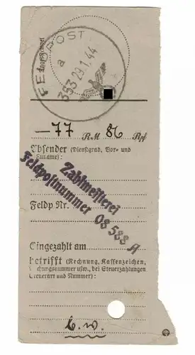 Beleg Zahlmeisterei Feldpostnummer 08588 A 1944 Einlieferung