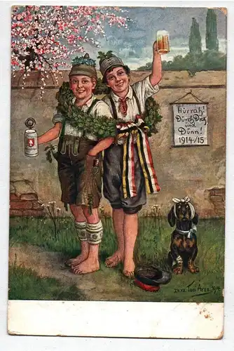 Künstler Ak Bayern Tracht Biertrinker kranker Dackel Toni Aron 1914 sign 1915