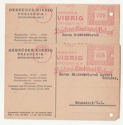 2 x Drucksache Gebrüder Uibrig Dresden Bäckerei Konditorei Bedarf Stempel (A3073