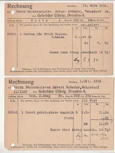 2 x Drucksache Gebrüder Uibrig Dresden Bäckerei Konditorei Bedarf Stempel (A3073