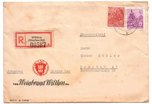 R Brief Wilthen Oberlausitz 1956 Weinbrand Wilthen DDR