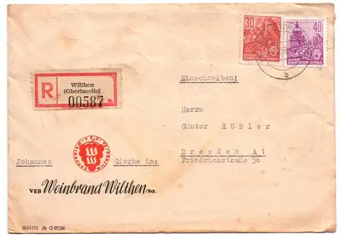 R Brief Wilthen Oberlausitz 1956 Weinbrand Wilthen DDR 