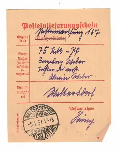 Posteinlieferungsschein Waltersdorf 5.1.1931 (A3937