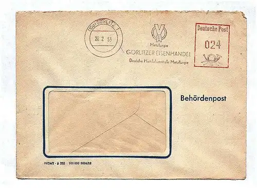 Behördenpost Görlitzer Eisenhandel 1953 DDR Deutsche Handelszentrale Metallurgie