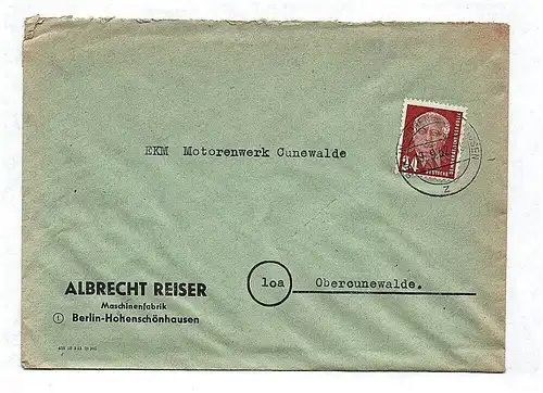 Brief Albrecht Reiser Maschinenfabrik Berlin Hohenschönhausen DDR 1953
