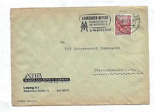 Brief DDR 1957 ABG Baumaschinenfabrik Leipzig an VEB Motorenwerk Cunewalde