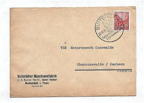Brief Buttstädter Maschinenfabrik Thüringen an VEB Motorenwerk Cunewalde 1956