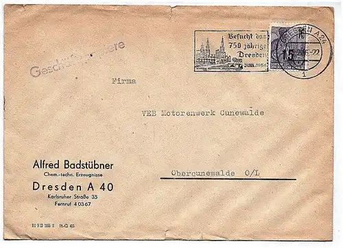 Geschäftspapiere Alfred Badstübner Dresden an VEB Motorenwerk Cunewalde 1956
