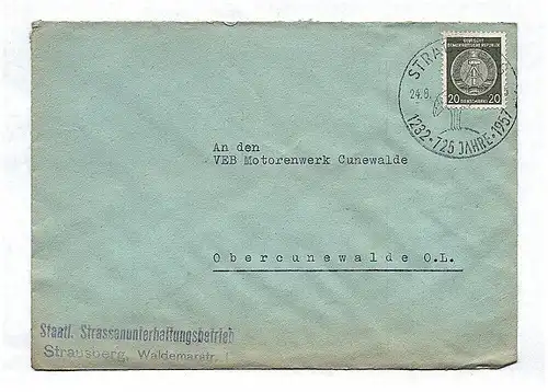 Staatl Strassenunterhaltungsbetrieb Straussberg Briefkuvert ca 1956 DDR