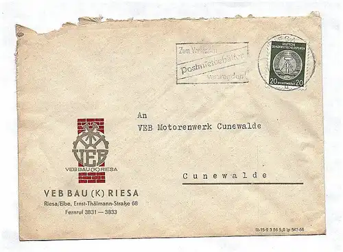Brief VEB Bau Riesa an VEB Motorenwerk Cunewalde ca 1956 DDR