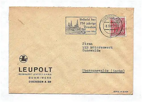 Brief Leupolt Gummiwerk Dresden an VEB Motorenwerk Cunewalde DDR 1956