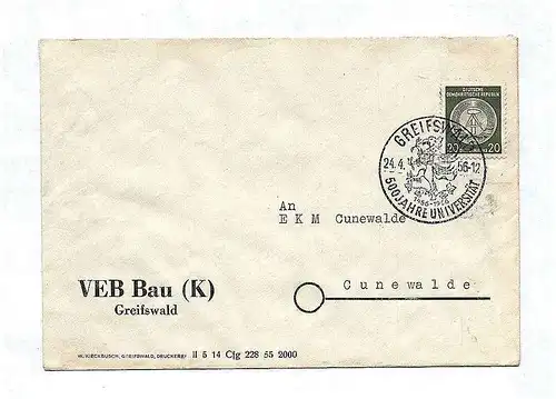 DDR Briefkuvert 1956 an EKM Cunewalde Sachsen Brief