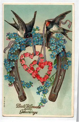 Gold geprägte Ak Schwalben mit Blumen Hufeisen Geburtstag 1909 