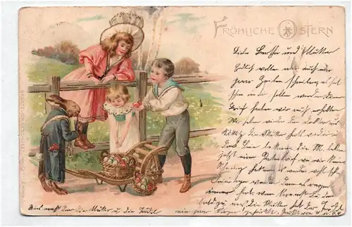 Litho Ak Osterhase mit Kindern gold geprägt 1903 
