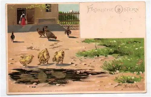 Mailick Postkarte Hühner Küken gold geprägt Fröhliche Ostern 1910er 