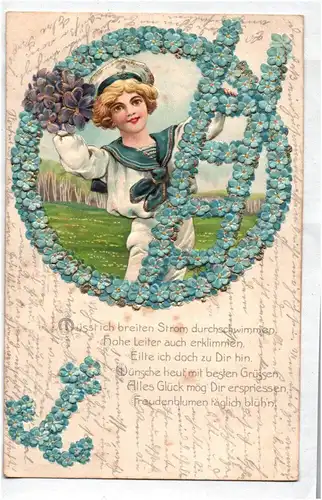 Ak maritimer Bube grüßt mit Blumen 1906 stark geprägt Anker