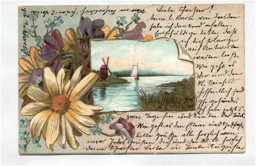 Litho Ak Blumen Windmühle Landschaft 1905 Glückwunsch