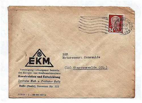 EKM Konstruktion und Entwicklung Halle Saale Briefkuvert DDR 1952