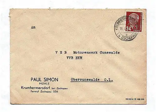 Paul Simon Mühle Krumhermersdorf Zschopau 1952 DDR Brief