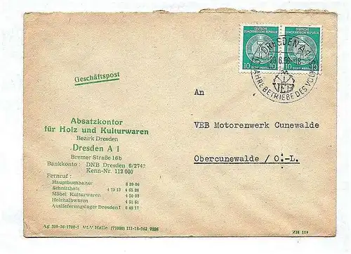 Geschäftspost Absatzkontor Holz Kulturwaren Dresden 1956 DDR