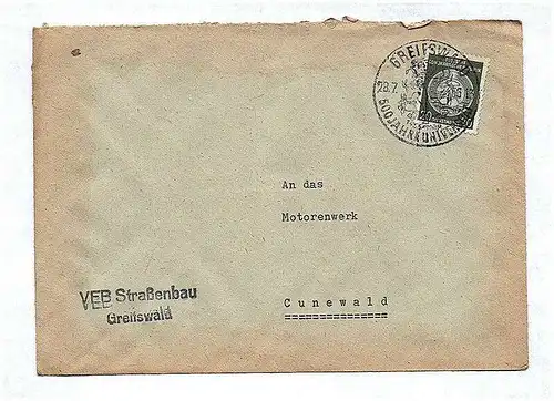 An das Motorenwerk Cunewald DDR Briefkuvert 1956 Brierf