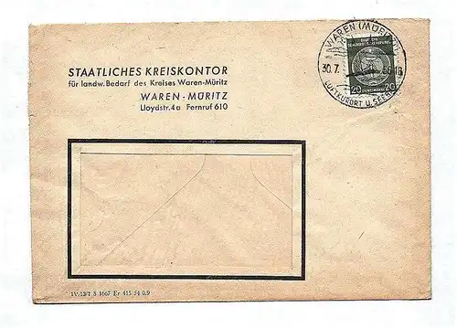 Brief Staatliches Kreikontor Waren Müritz DDR 1956