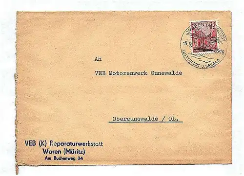 VEB K Reparaturwerkstatt Waren Müritz DDR 1956 Brief