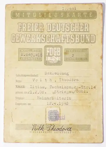 FDBG Mitgliedskarte mit Marken 1948 Spendenmarken